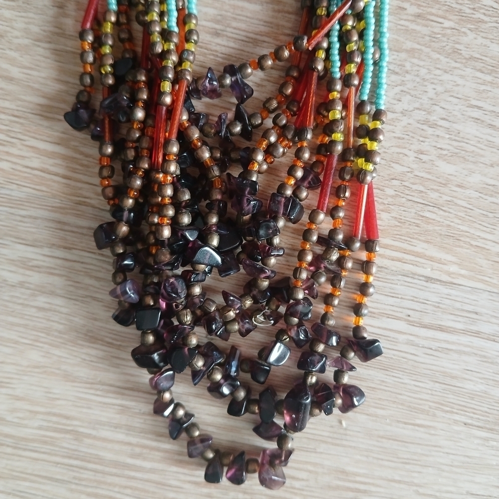 Colorful Peyote Multi-Stand Seed Bead Bohemian Amber Amythest Necklace